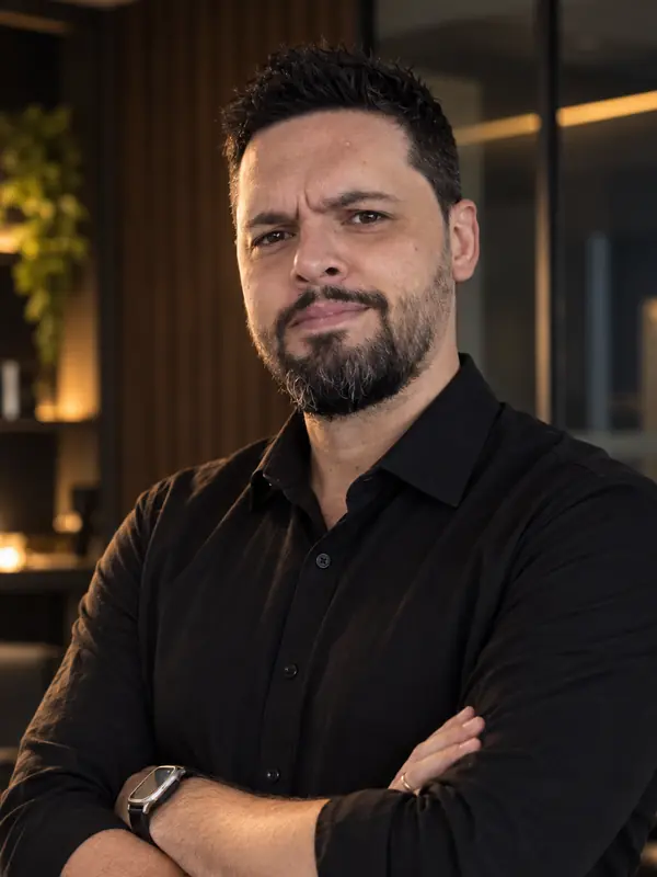 Diego R. Lazzari, consultor de marketing digital, de braços cruzados no escritório
